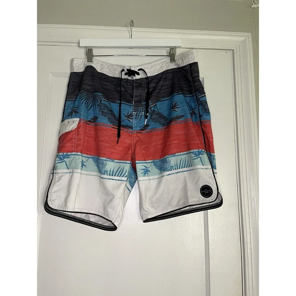 RIP CURL Board Shorts Palm Tree Multicolor Men's Size 38 Drawstring Pockets